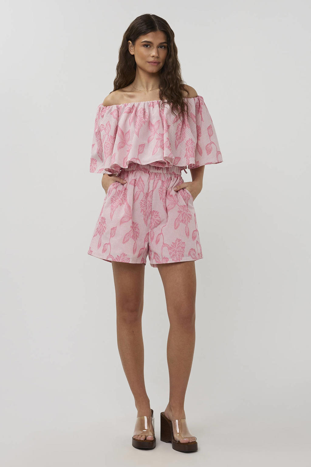 Roze dames Studio AMAYA high waist gestreepte casual short van katoen met loose fit, elastische tailleband en bladprint