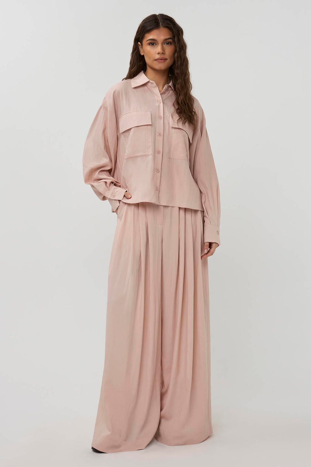 Oudroze dames Studio AMAYA blouse van viscose met effen, lange mouwen, klassieke kraag en knoopsluiting