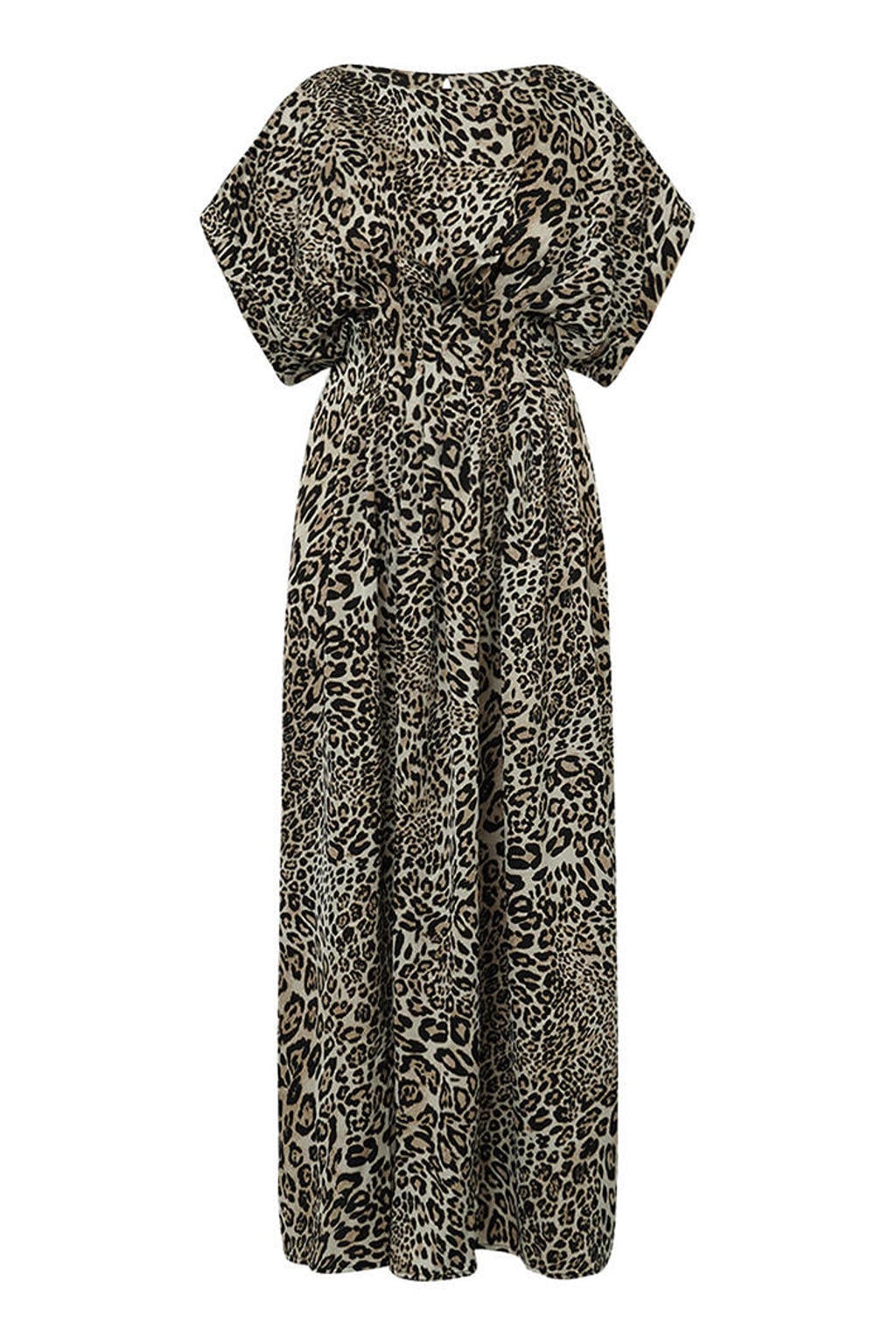 Bruine dames Gossia maxi jurk van polyester met dierenprint, korte mouwen, V-hals en knoopsluiting