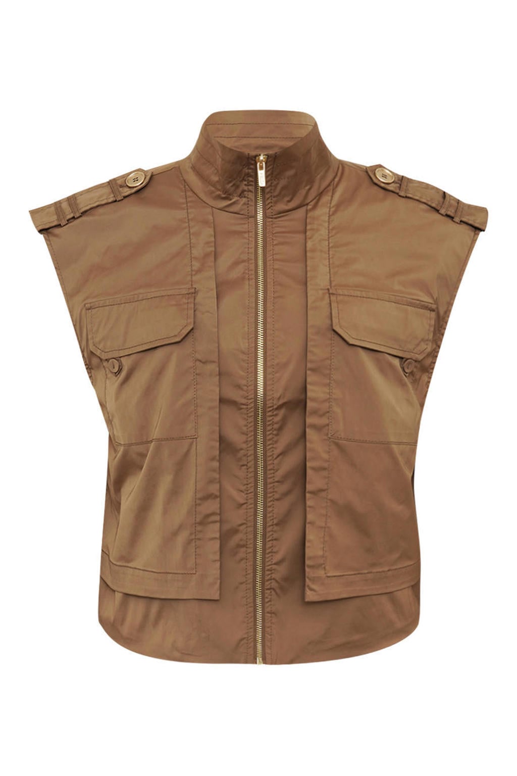 Camelkleurige dames Gossia gilet van polyester met effen, opstaande kraag en ritssluiting