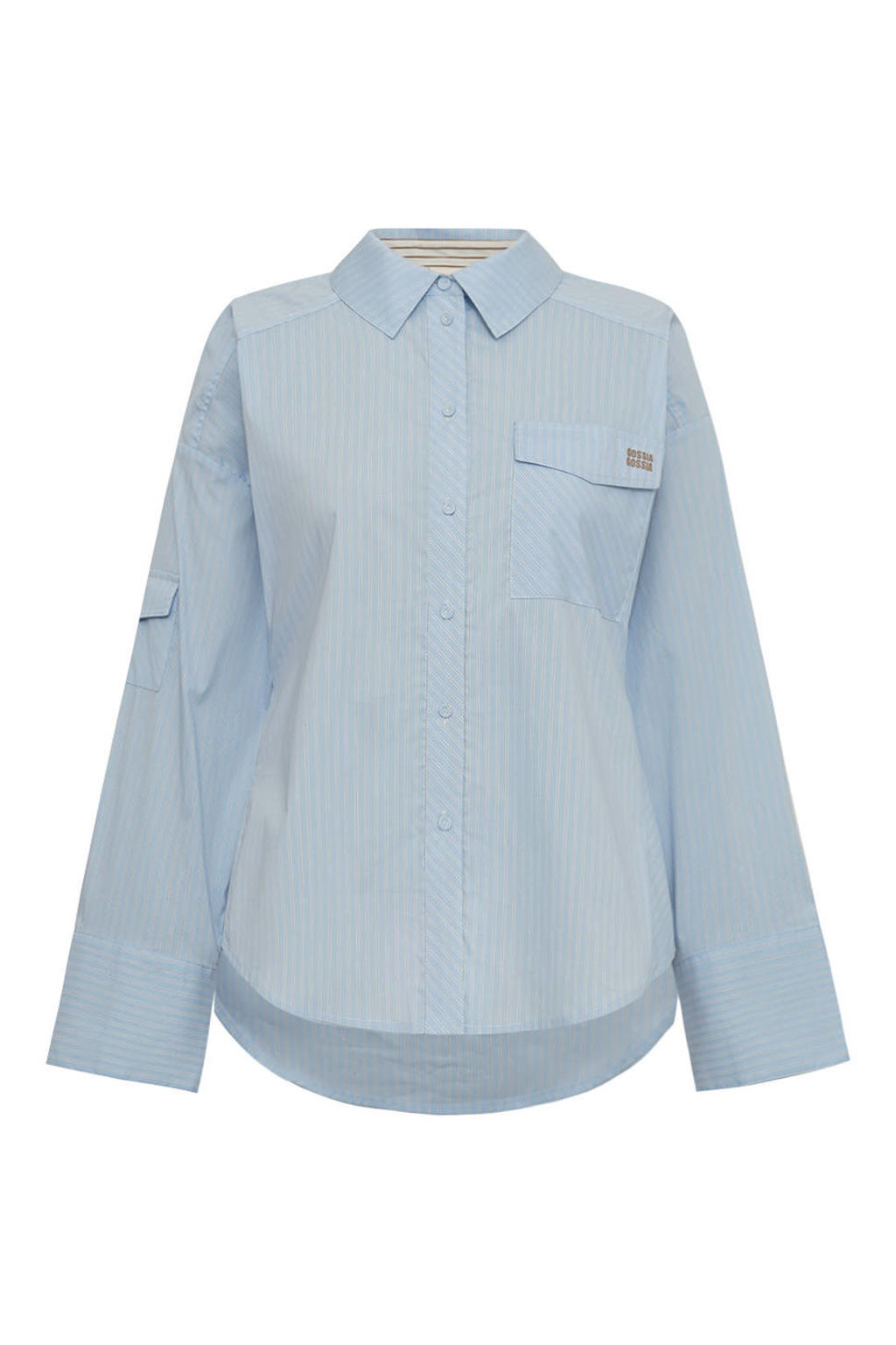 Lichtblauwe dames Gossia gestreepte blouse van katoen met lange mouwen, klassieke kraag, knoopsluiting en strikje