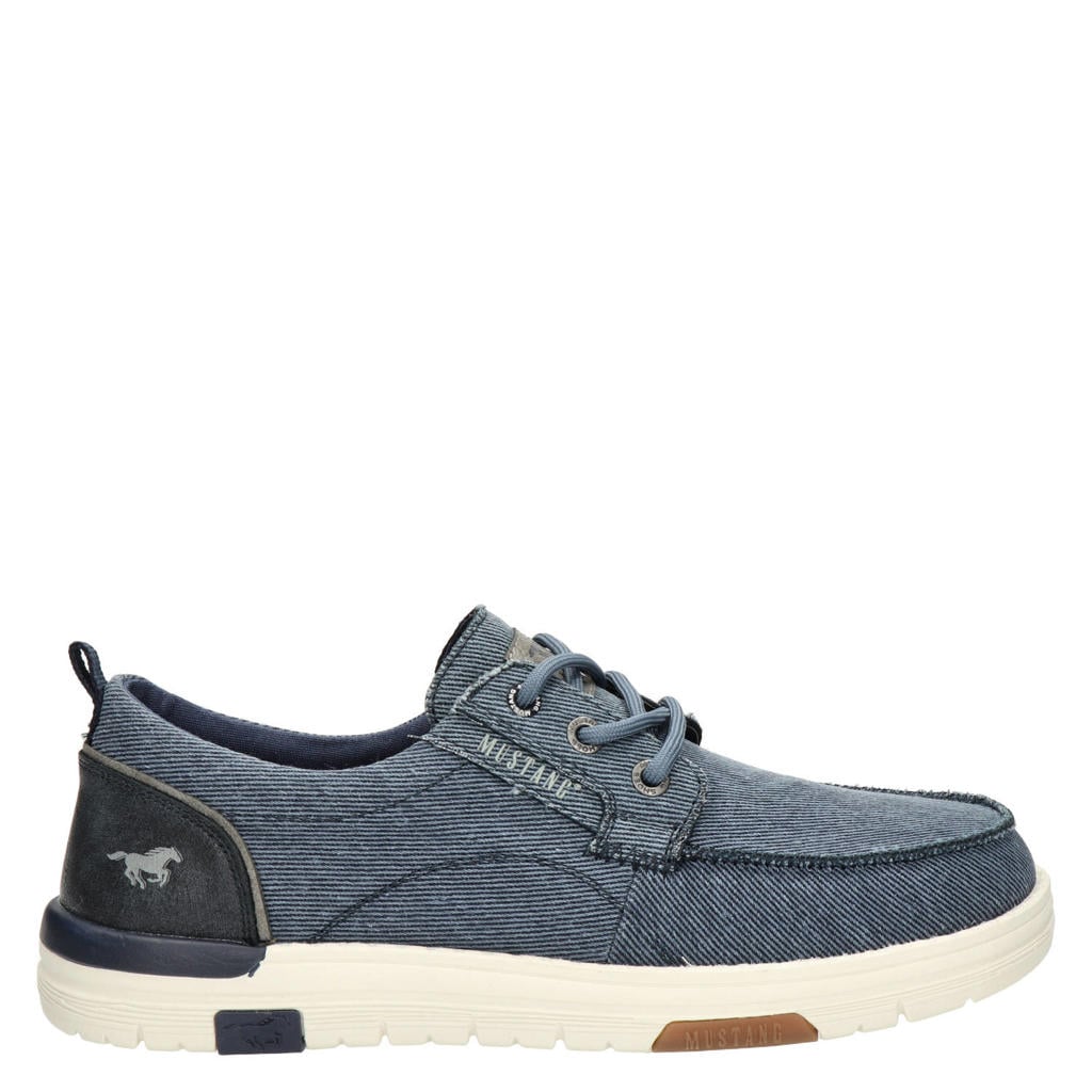 Denim en blauwe heren Mustang bootschoenen van denim met veters