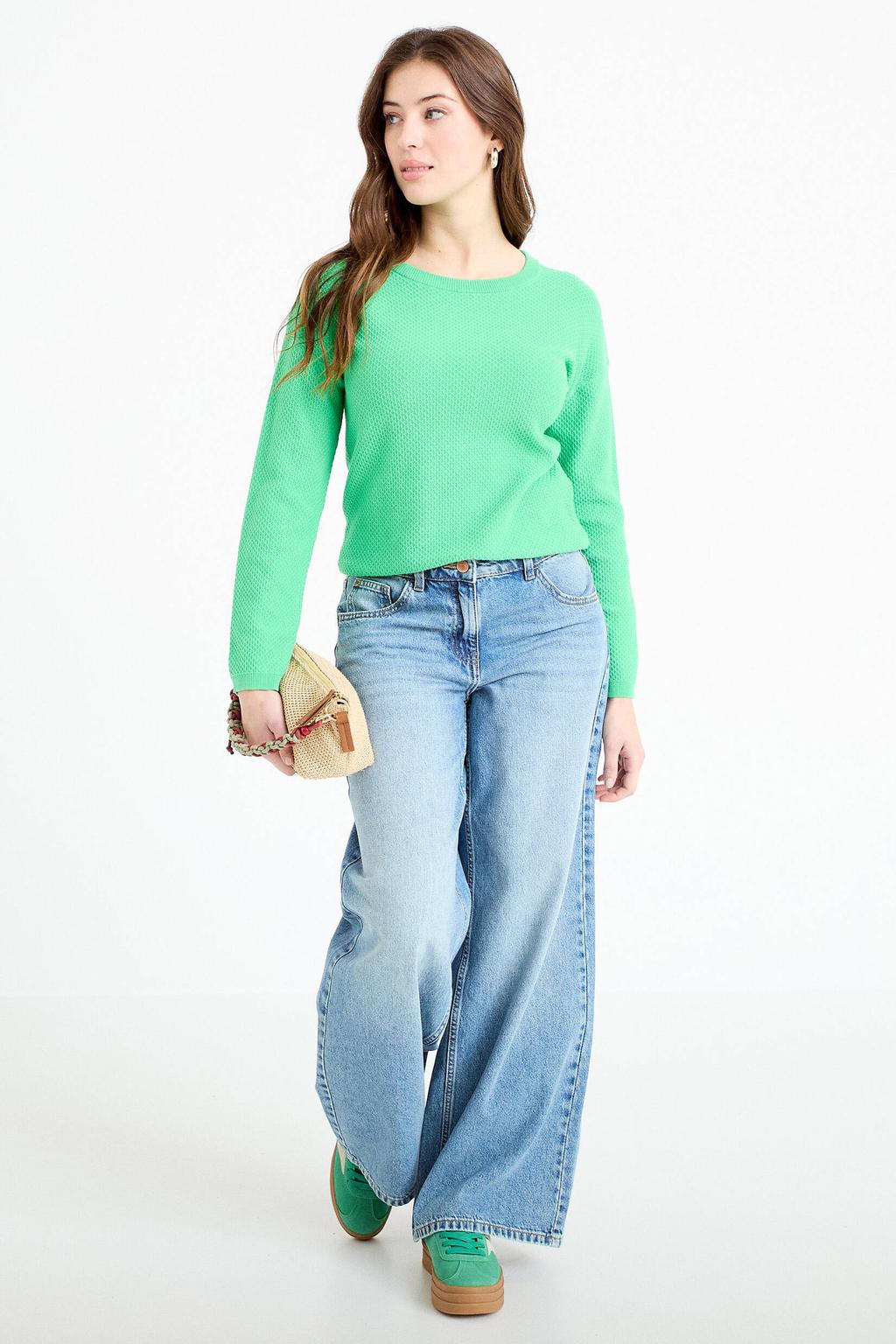 Groene dames Cache Cache sweater gebreid van katoen met effen, lange mouwen en ronde hals