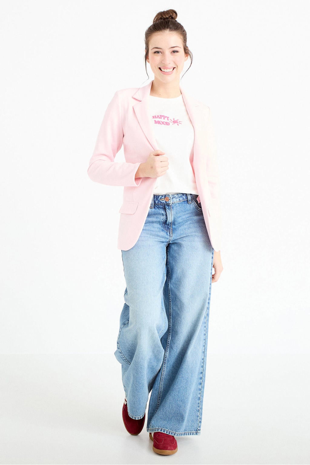 Lichtroze dames Cache Cache getailleerde blazer van polyester met effen, lange mouwen en reverskraag