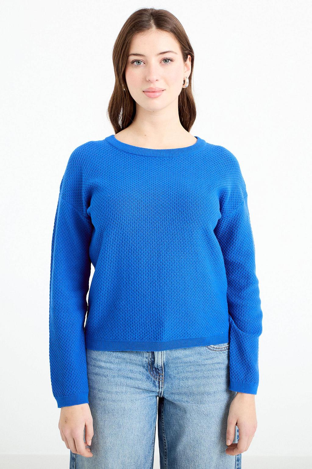 Blauwe dames Cache Cache sweater gebreid van katoen met effen, lange mouwen en ronde hals