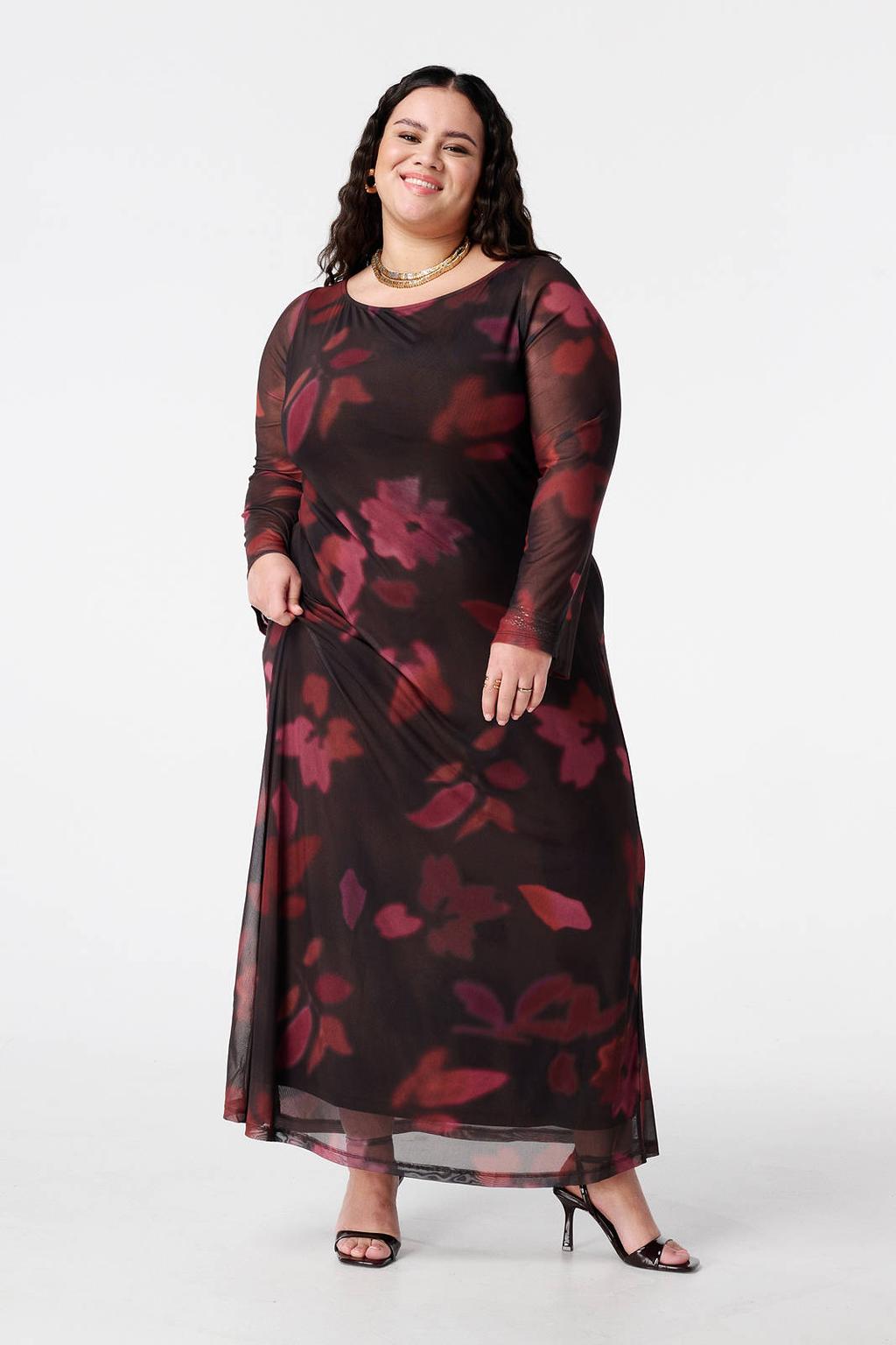 Roodbruin, rood en bruine dames MS Mode gebloemde maxi jurk van polyester met lange mouwen, klassieke kraag en mesh
