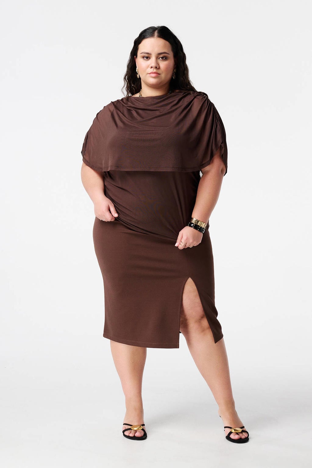 Donkerblauwe dames MS Mode top van polyester met effen, korte mouwen, boothals en overslag detail