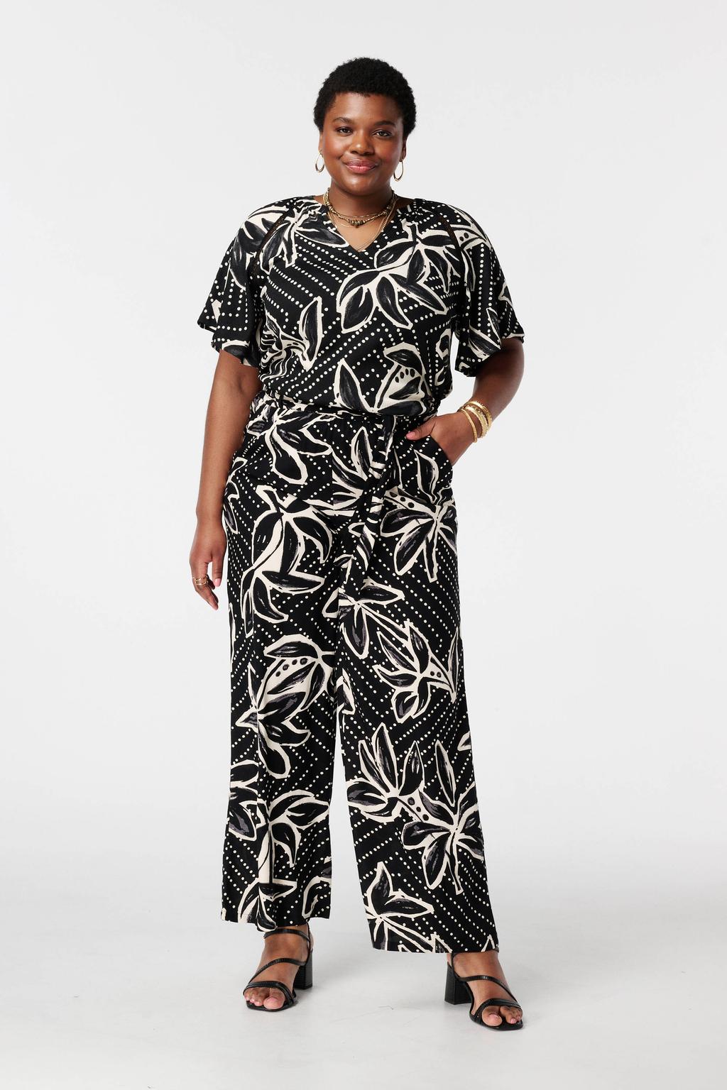 Zwarte dames MS Mode gebloemd T-shirt van polyester met korte mouwen en V-hals
