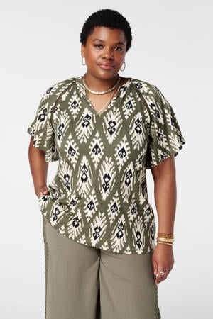 gebloemd T-shirt kaki