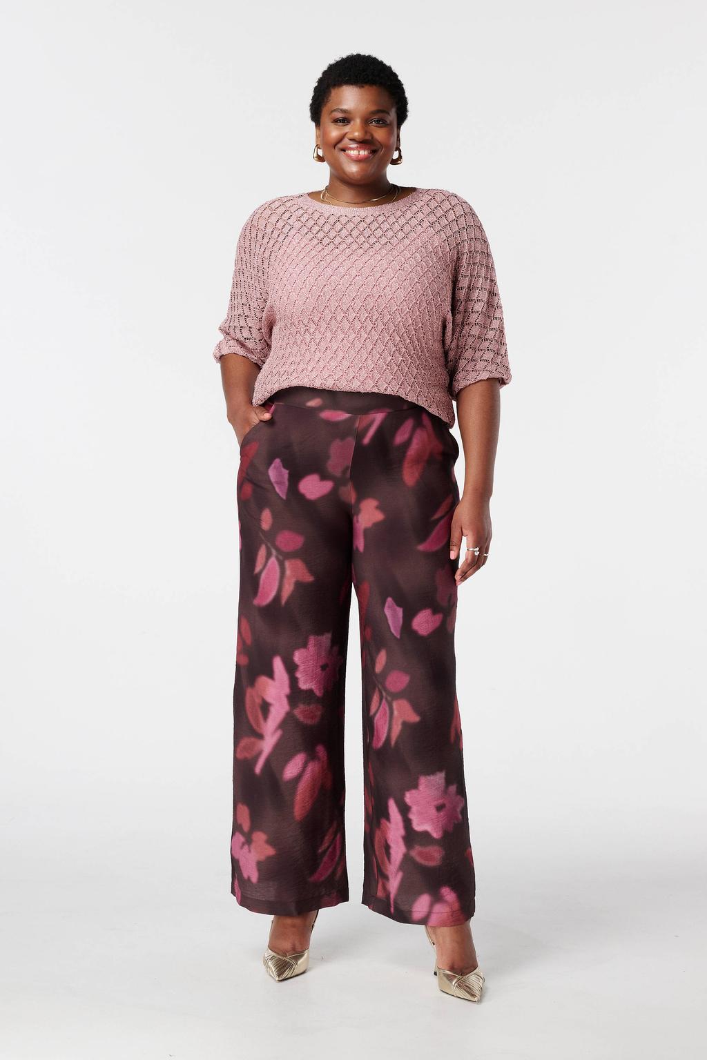 Oudroze dames MS Mode pullover van polyester met effen, driekwart mouwen en klassieke kraag