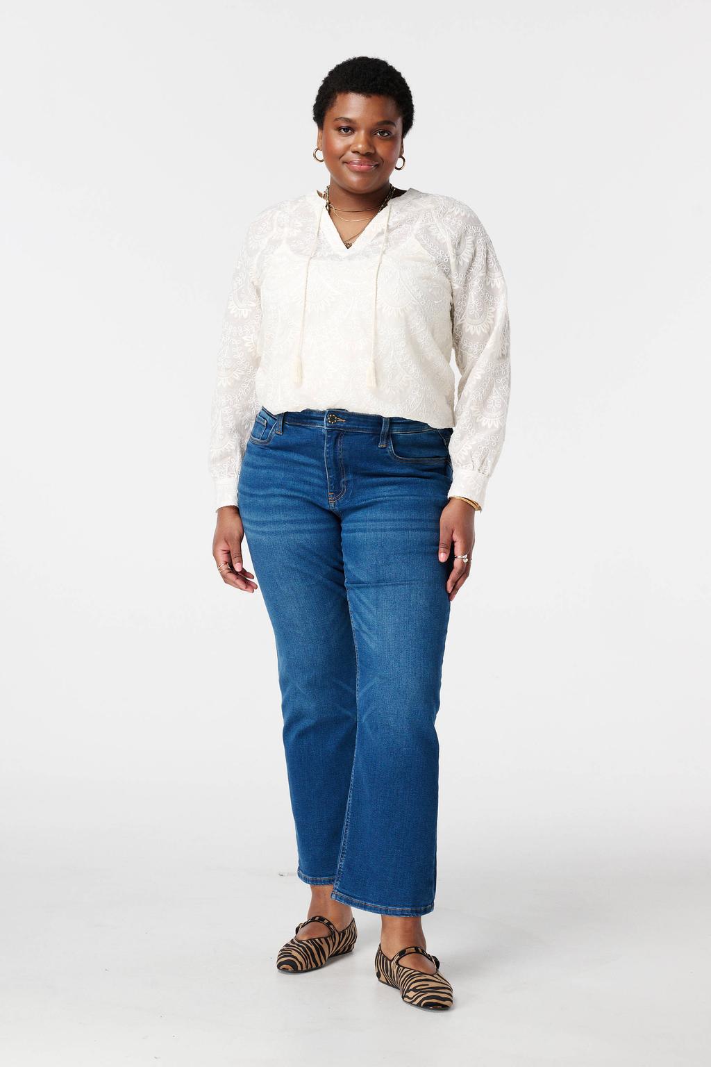 Witte dames MS Mode blousetop van polyester met effen, lange mouwen, klassieke kraag en borduursels