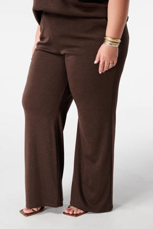 straight high waist casual broek donkerbruin met glitter
