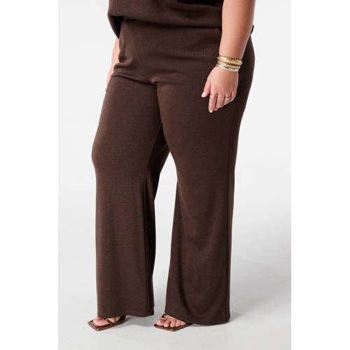MS Mode straight high waist casual broek donkerbruin met glitter afbeelding