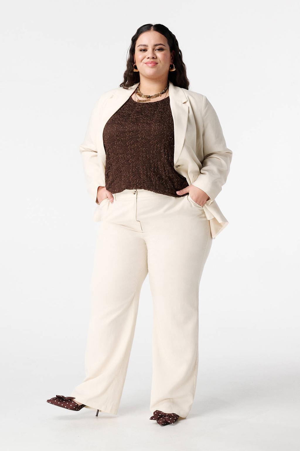 Ecru dames MS Mode regular high waist pantalon van lyocell met rits- en knoopsluiting en effen