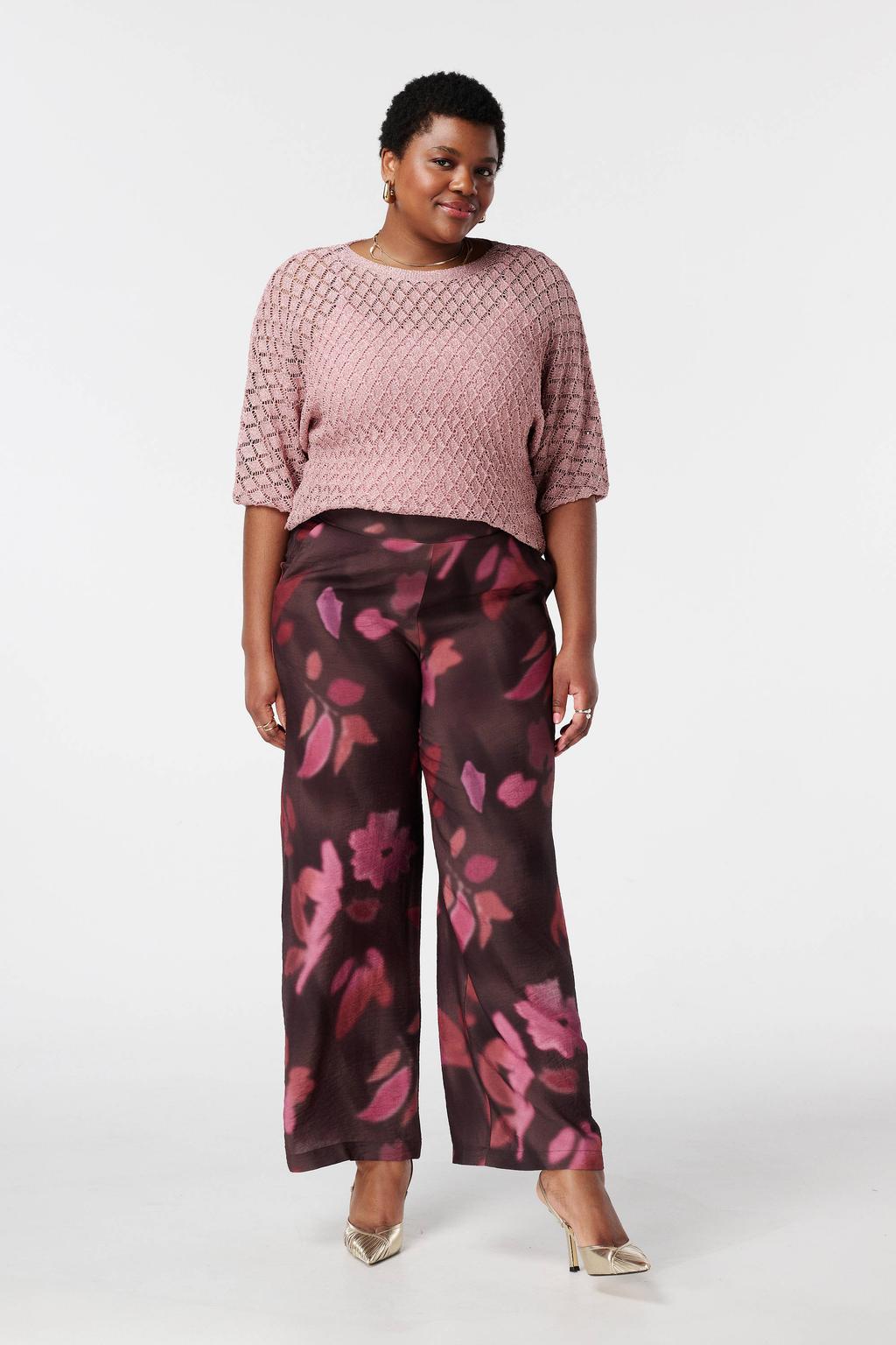 Bruine dames MS Mode high waist casual broek van viscose met loose fit en elastische tailleband