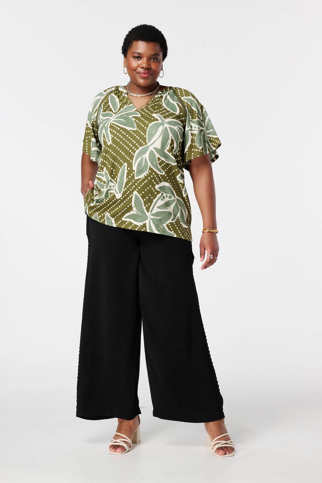 Groene dames MS Mode gebloemde T-shirt van polyester met korte mouwen en V-hals