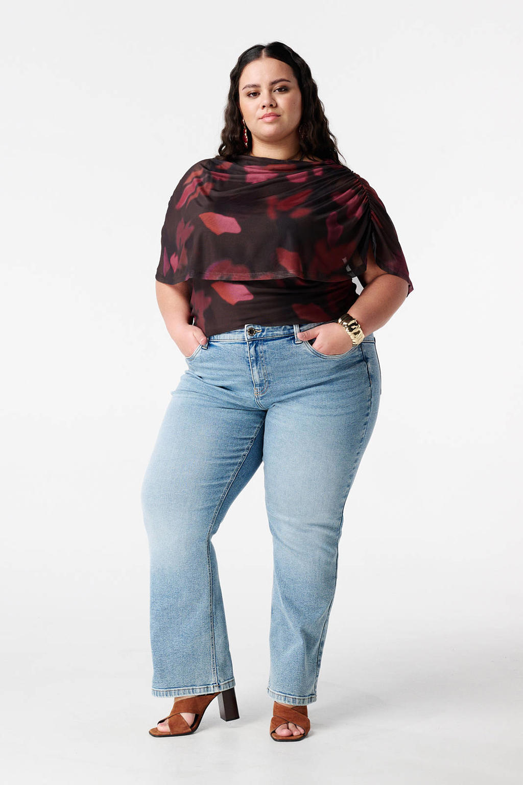 Rood en bruine dames MS Mode gebloemde top van polyester met korte mouwen, boothals en overslag detail