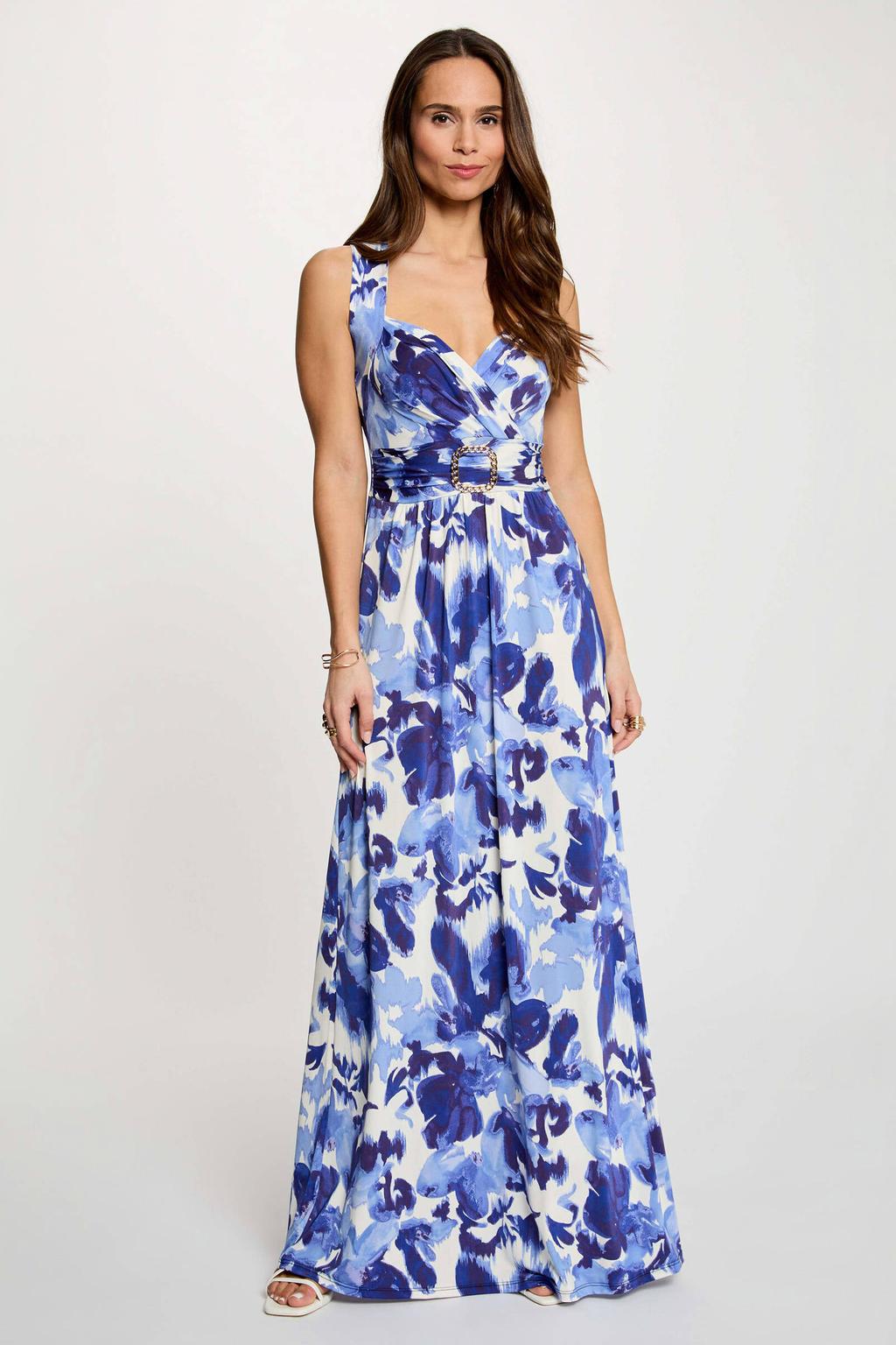 Blauw en witte dames Morgan gebloemde maxi jurk van polyester met hartvormige hals