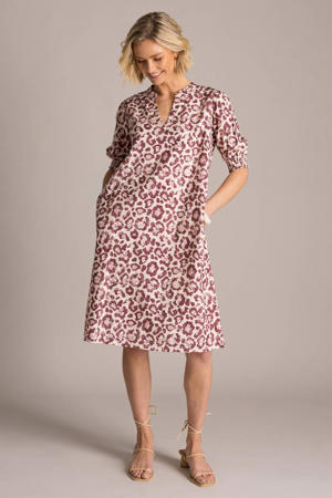 linnen midi jurk met dierenprint roze