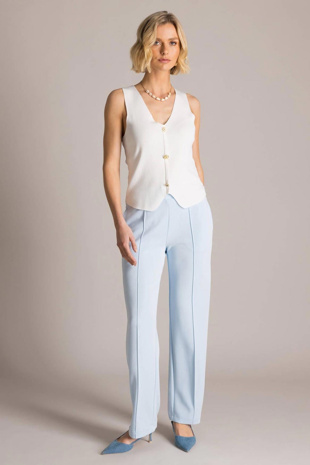 Lichtblauwe dames Yest straight regular waist broek met elastische tailleband met koord en effen