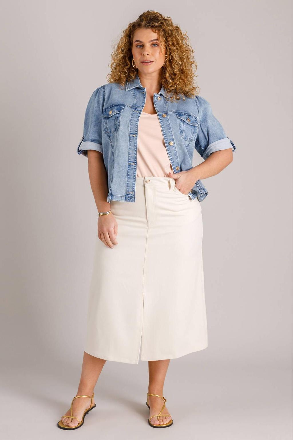 Medium blue denim dames Yest Curve spijkerjas van katoen met effen, korte mouwen, klassieke kraag en knoopsluiting