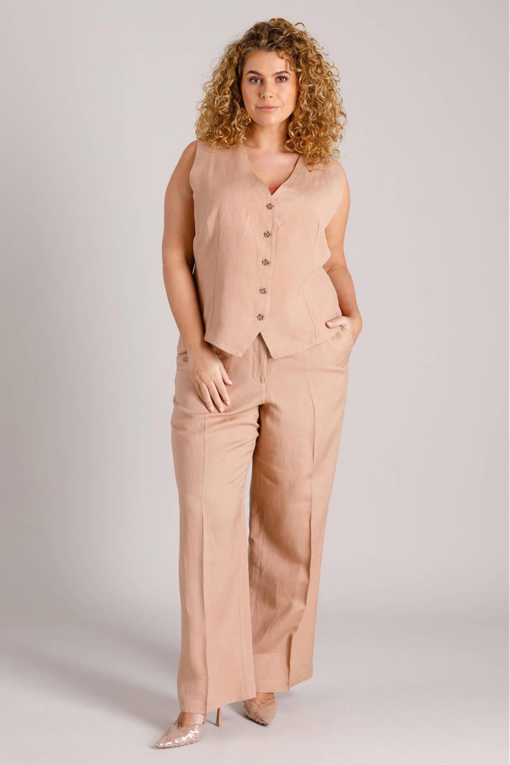 Beige dames Yest Curve gilet van linnen met effen, V-hals en knoopsluiting