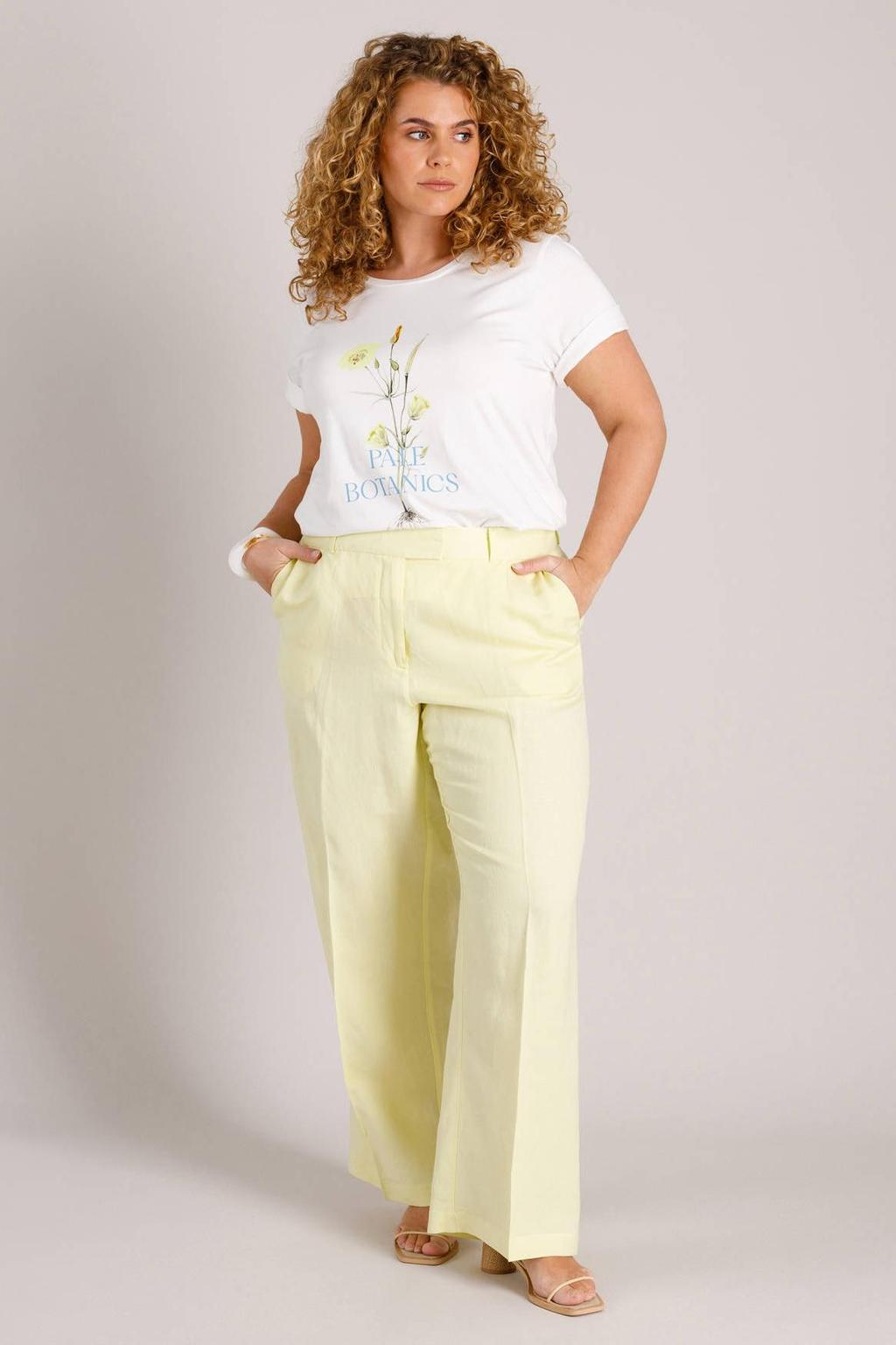 Ecru, geel en blauwe dames Yest Curve T-shirt van katoen met printopdruk, korte mouwen en ronde hals