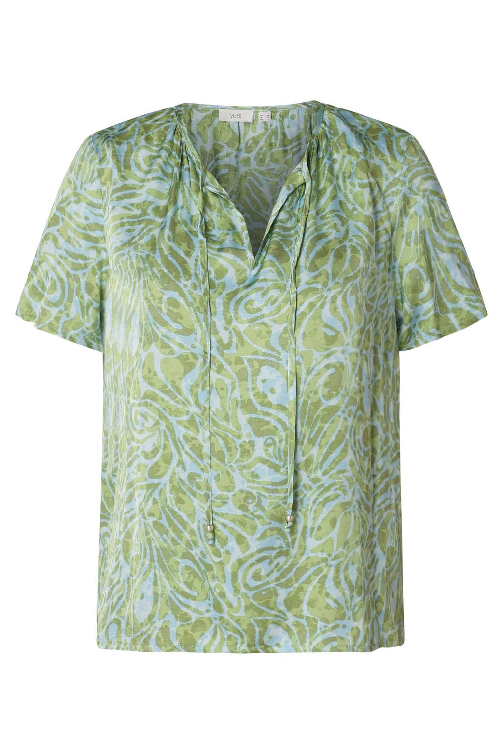 Groene dames Yest blousetop van viscose met korte mouwen, ronde hals en vetersluiting