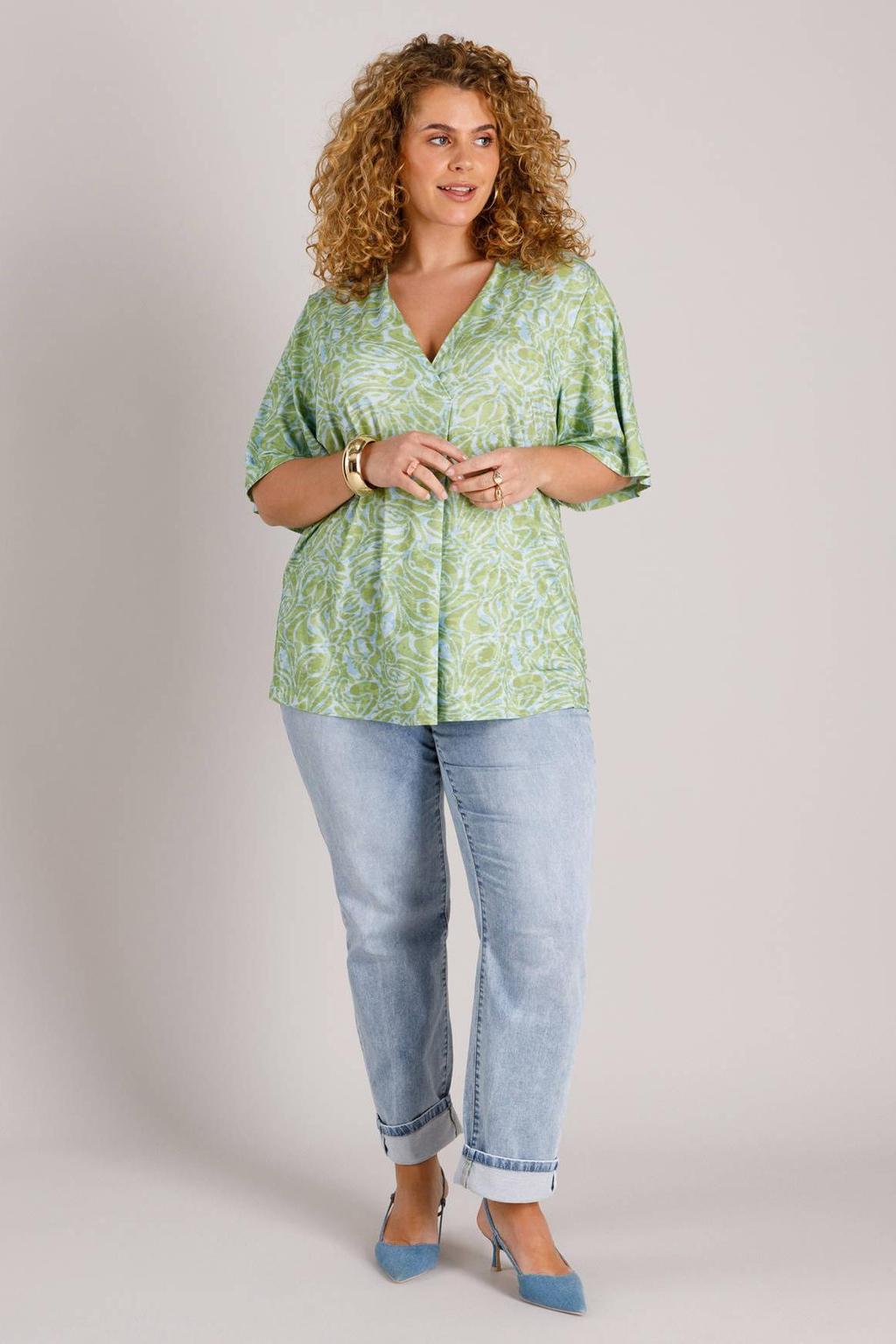 Groen en blauwe dames Yest Curve top van viscose met korte mouwen en ronde hals