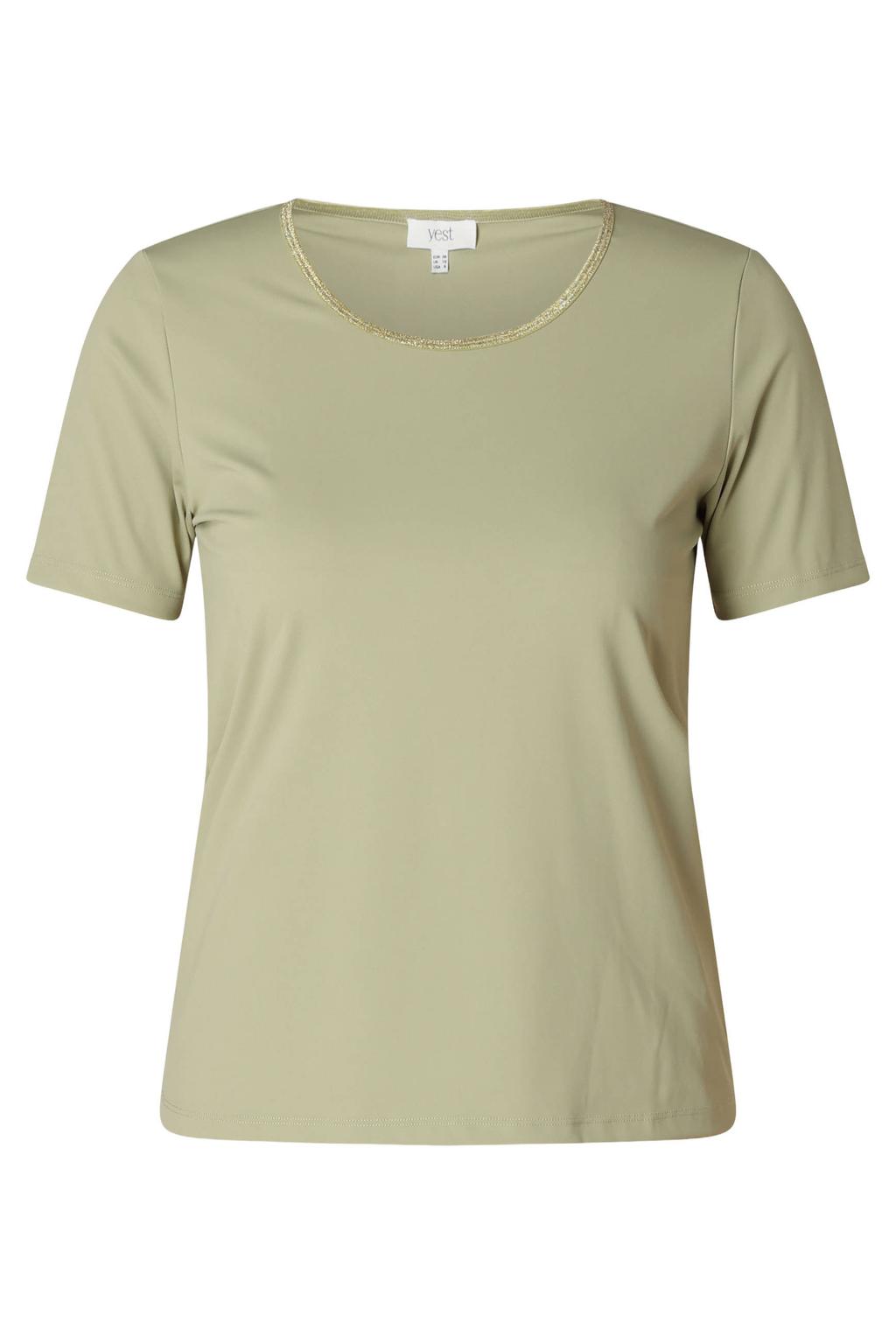 Lichtgroen en gouden dames Yest Curve travelstof top met effen, korte mouwen, ronde hals en lurex