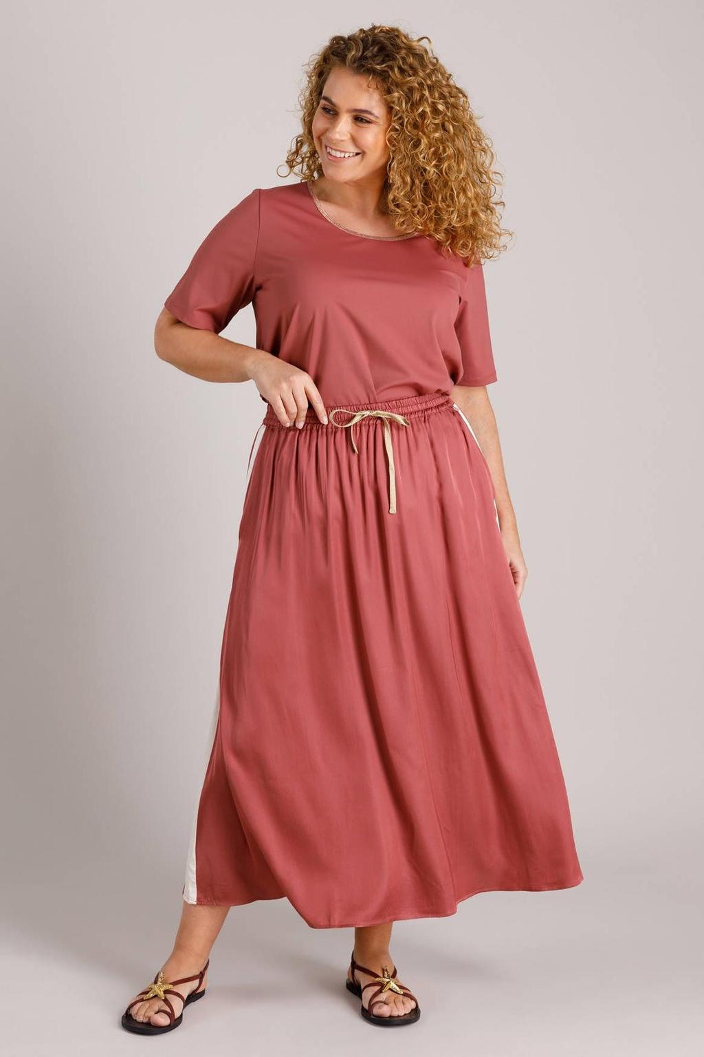 Oudroze en gouden dames Yest Curve travelstof top met effen, korte mouwen, ronde hals en lurex
