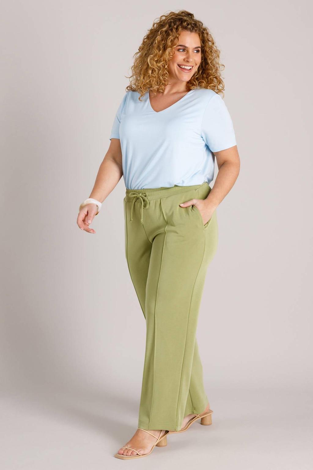 Lichtblauwe dames Yest Curve T-shirt van viscose met effen, korte mouwen en ronde hals