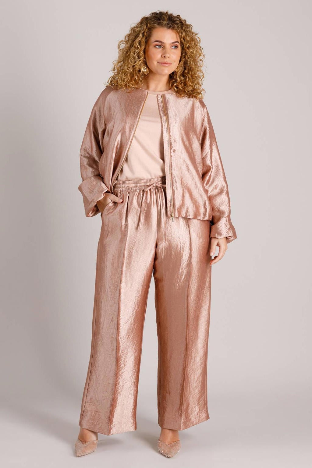Roségouden dames Yest Curve bomberjack van viscose met effen, lange mouwen, ronde hals en ritssluiting