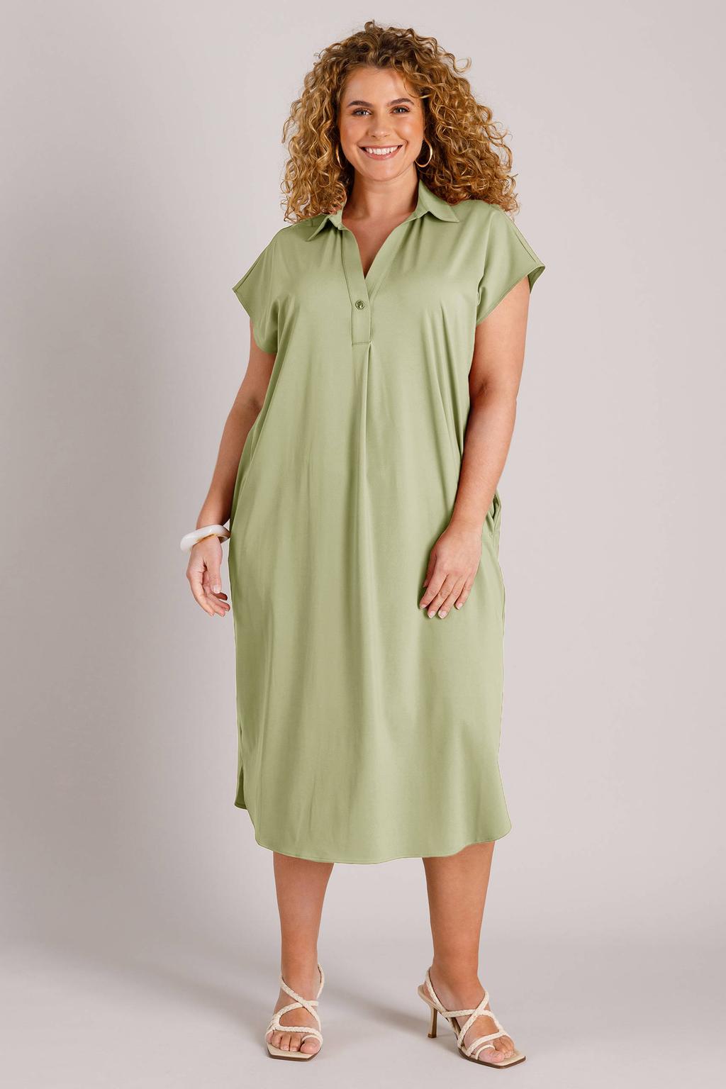 Lichtgroene dames Yest Curve midi jurk travelstof met effen, korte mouwen, klassieke kraag en knoopsluiting