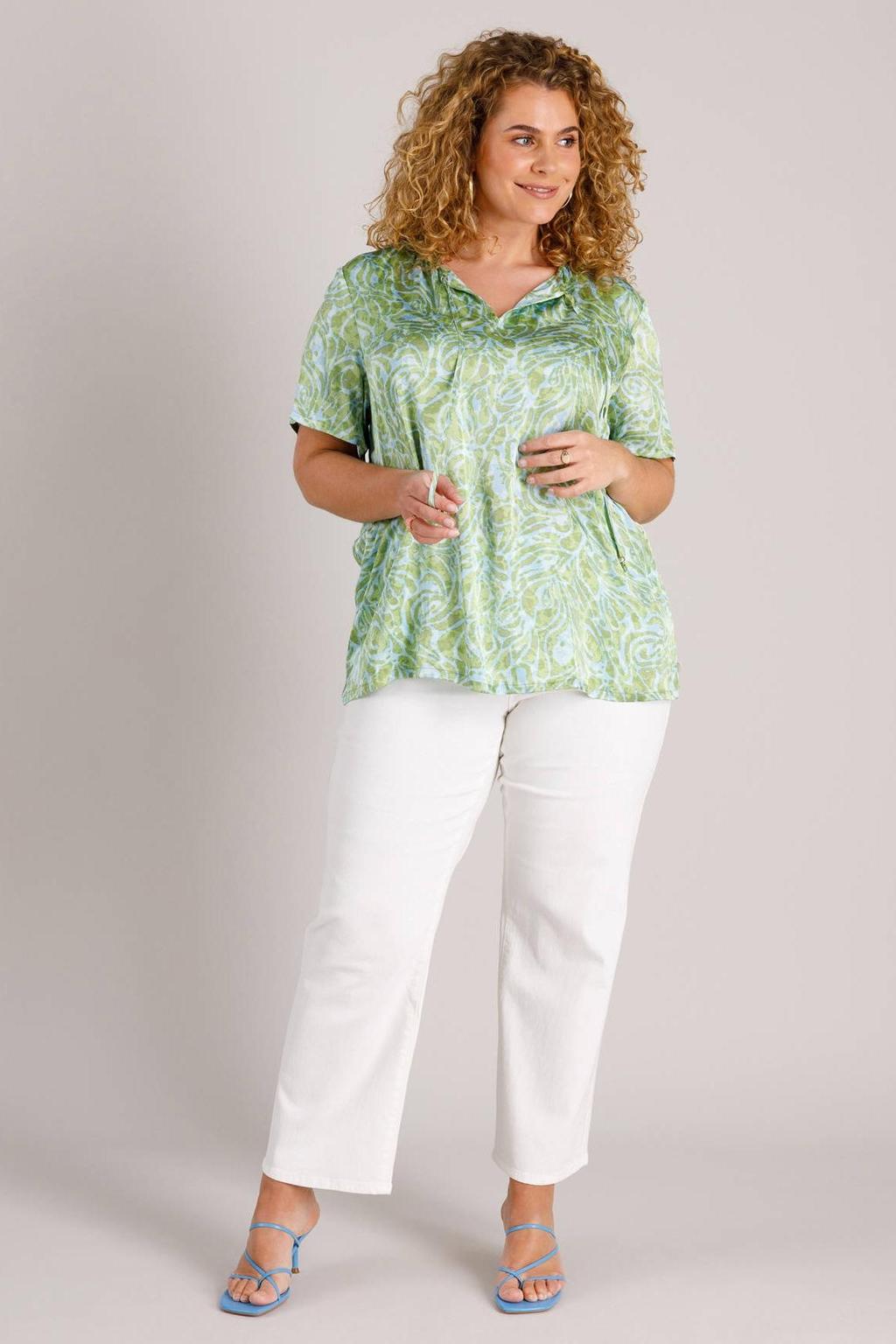 Groen en ecru dames Yest Curve blousetop van viscose met korte mouwen, ronde hals en vetersluiting