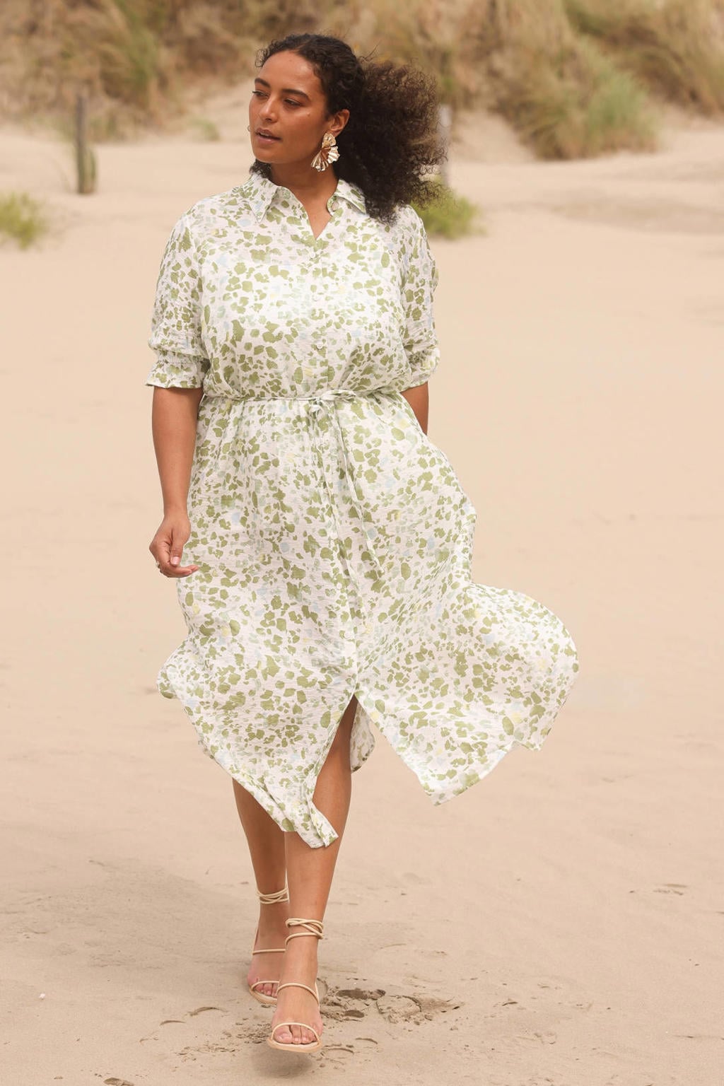 Ecru, blauw en groene dames Yest Curve blousejurk van viscose met driekwart mouwen, col en knoopsluiting