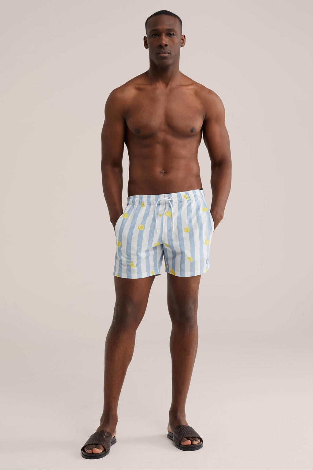 WE Fashion gestreepte zwemshort lichtblauw/wit