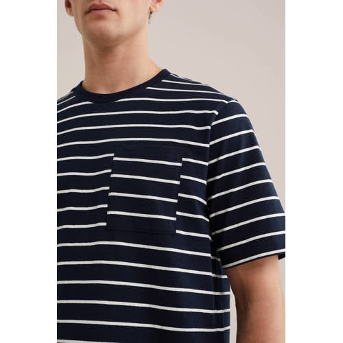 WE Fashion relaxed gestreepte T-shirt met linnen donkerblauw afbeelding