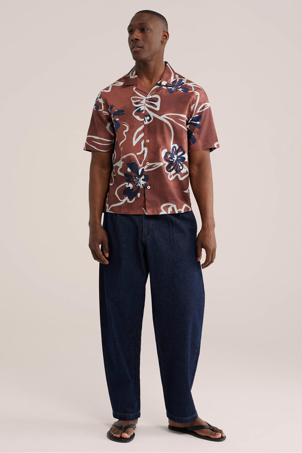 Donkerrode heren WE Fashion regular casual overhemd van katoen met korte mouwen, klassieke kraag en knoopsluiting