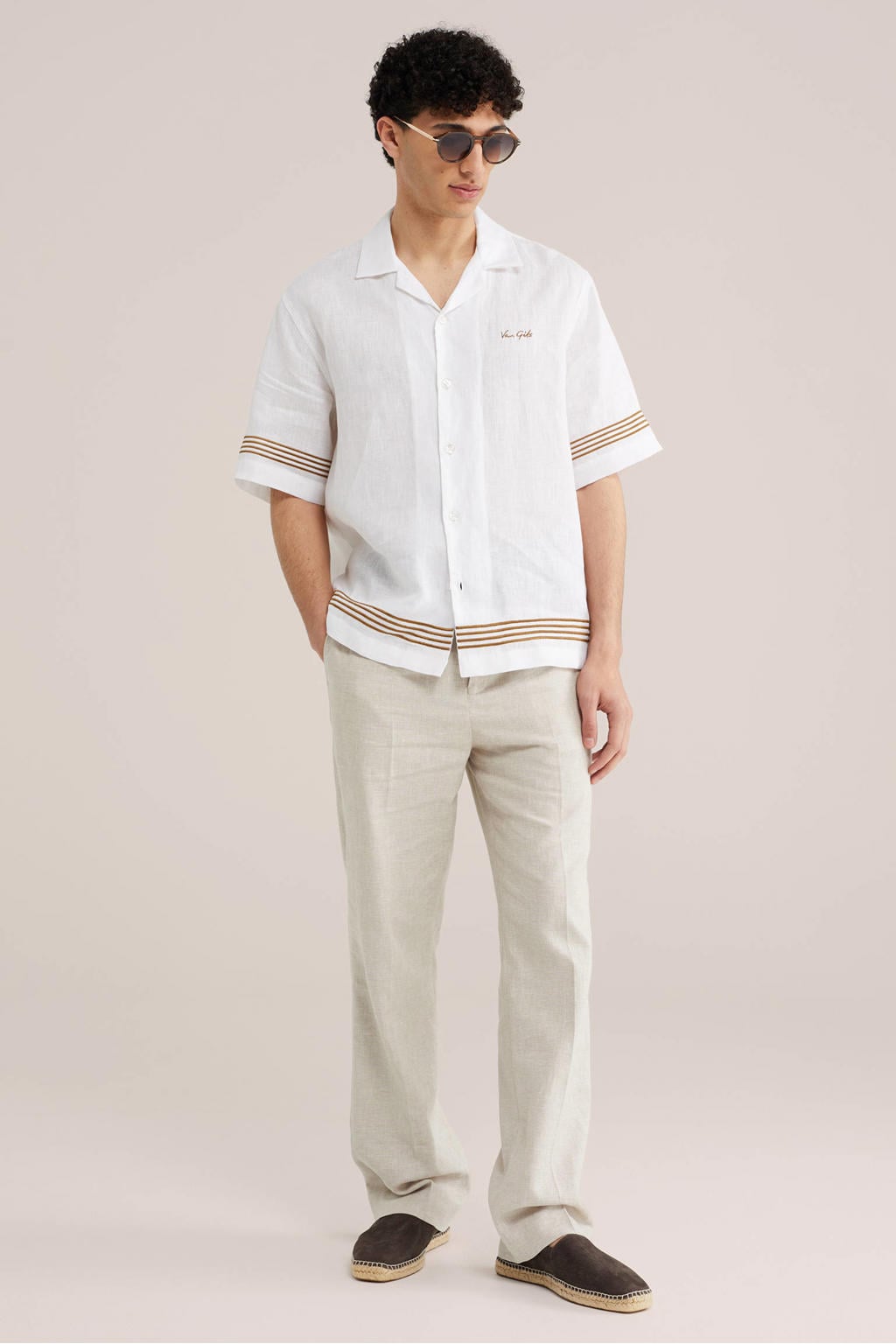 Ecru heren WE Fashion relaxed gestreept casual overhemd van linnen met korte mouwen, klassieke kraag en knoopsluiting