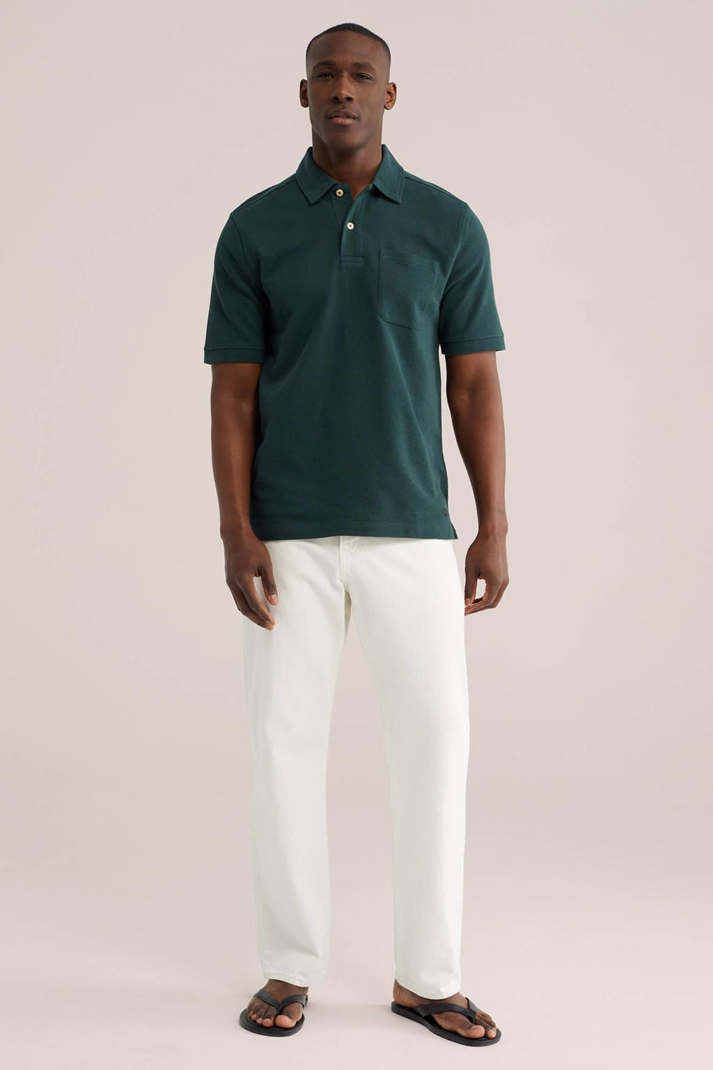 Donkergroene heren WE Fashion regular polo van katoen met effen, korte mouwen en knoopsluiting