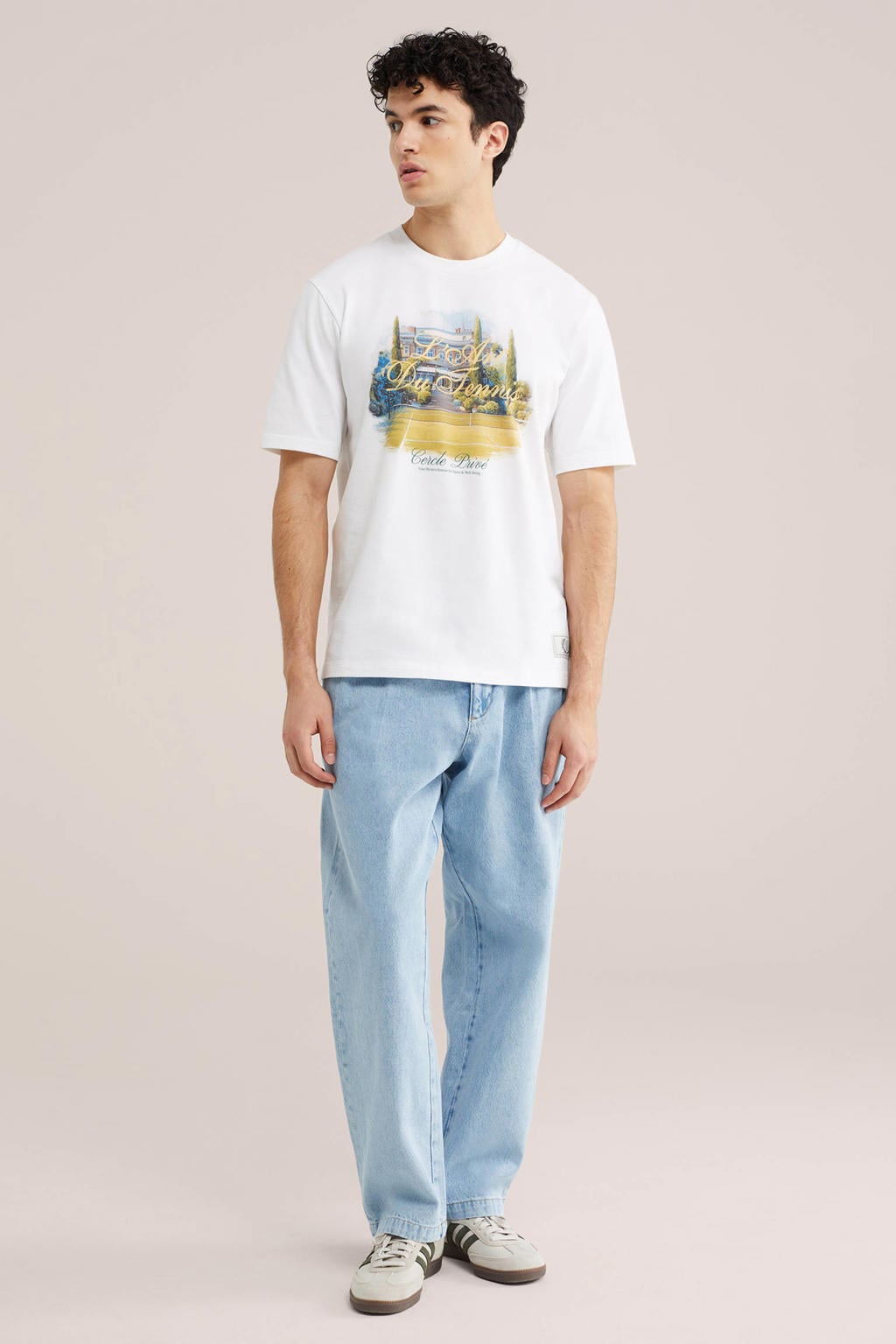 Witte heren WE Fashion regular T-shirt van katoen met printopdruk, korte mouwen en ronde hals