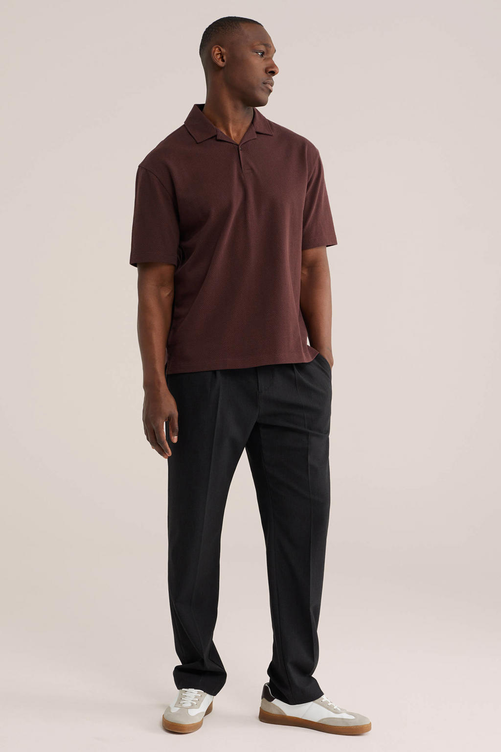 Donkerrode heren WE Fashion regular polo van katoen met effen, korte mouwen en knoopsluiting
