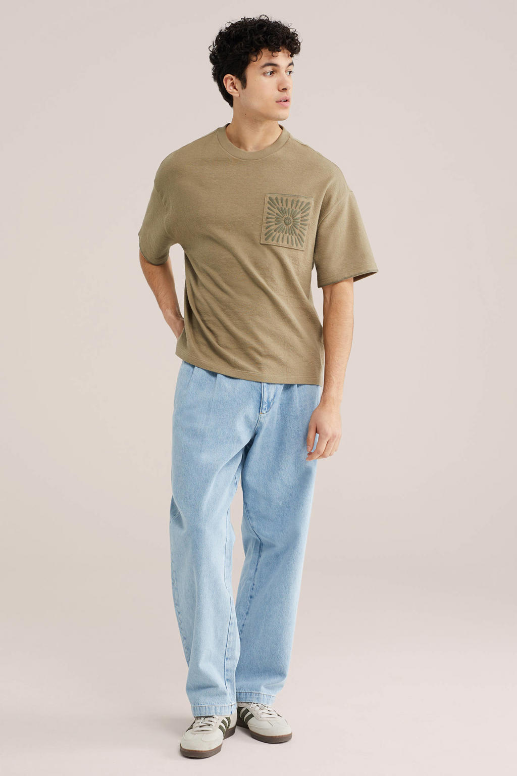 Groene heren WE Fashion boxy T-shirt van katoen met printopdruk, korte mouwen en ronde hals