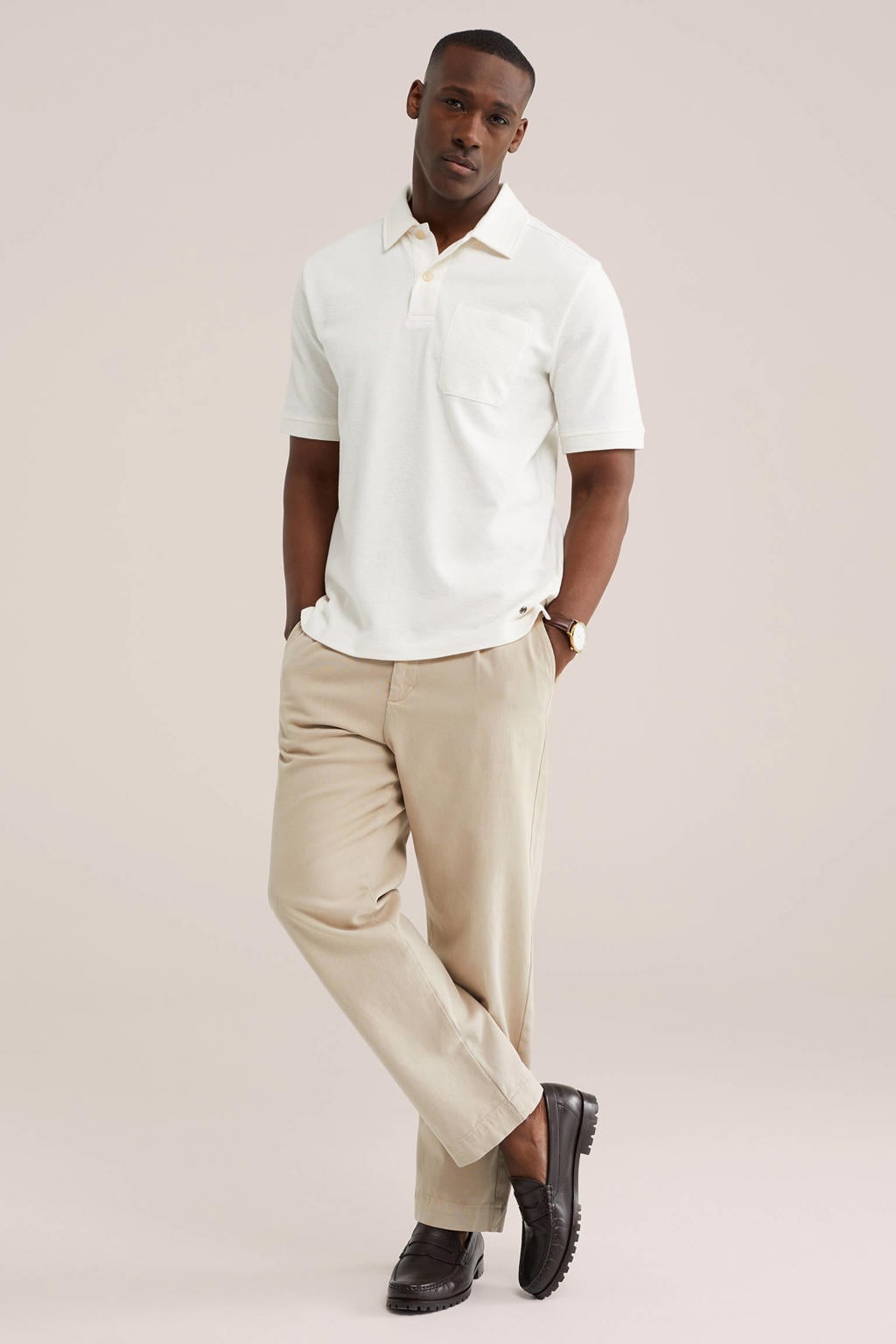 Ecru heren WE Fashion regular polo van katoen met effen, korte mouwen en knoopsluiting