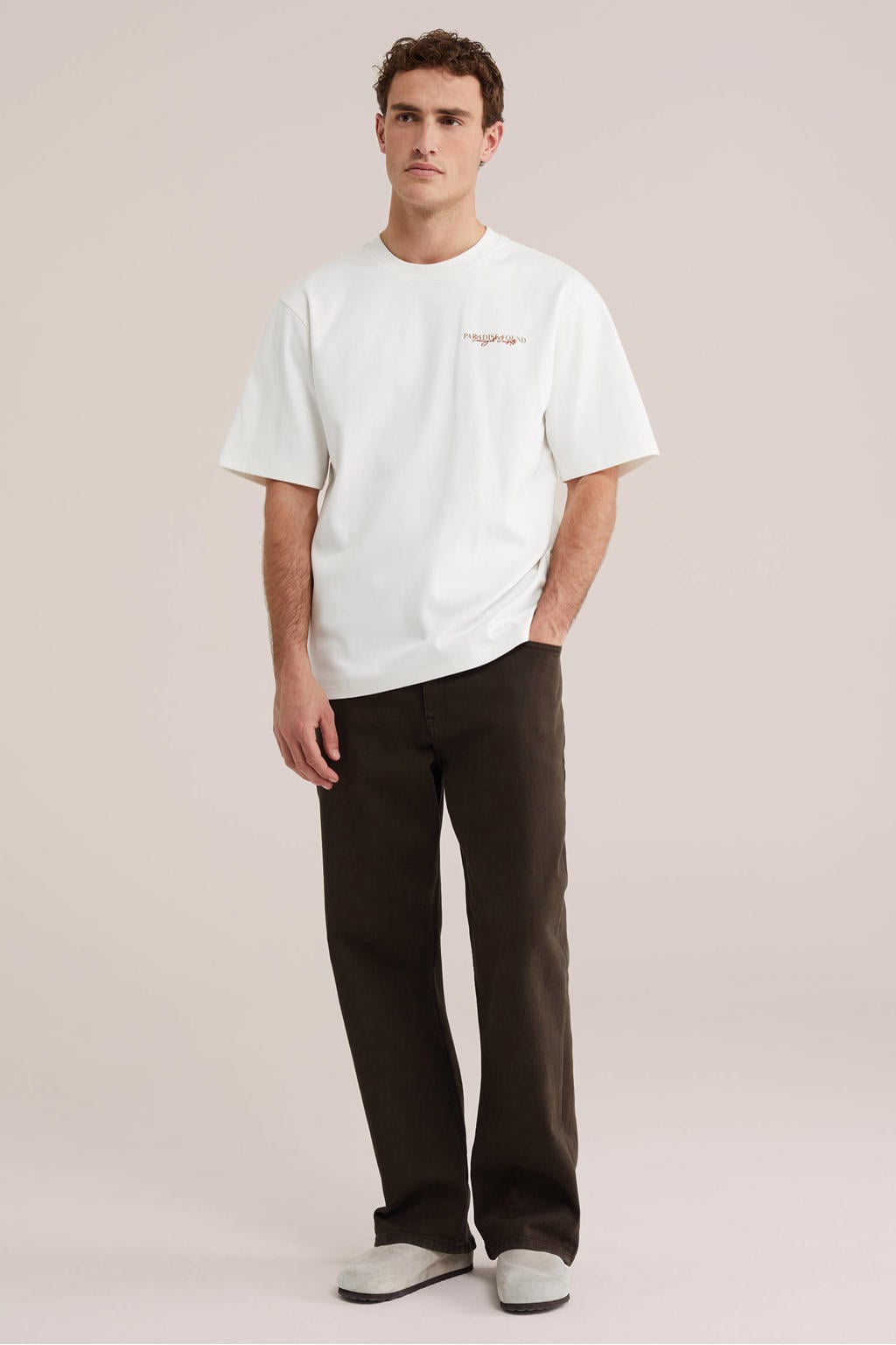 Ecru heren WE Fashion oversized T-shirt van katoen met backprint, korte mouwen en ronde hals