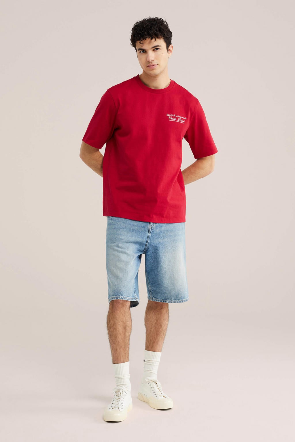 Rode heren WE Fashion relaxed T-shirt van katoen met printopdruk, korte mouwen en ronde hals