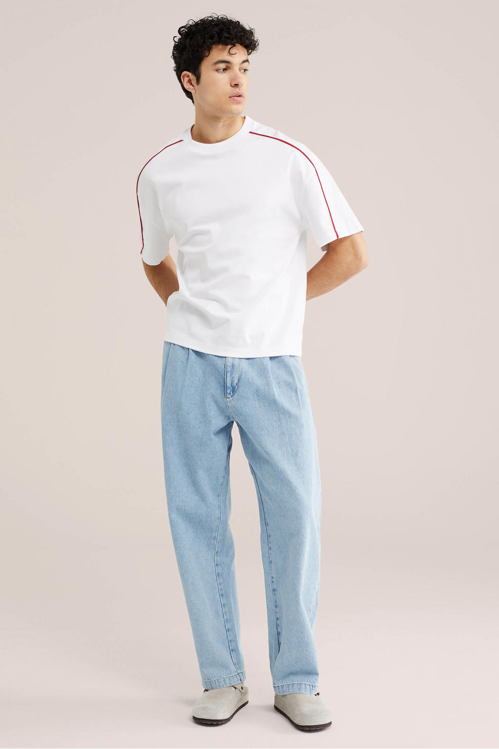 Witte heren WE Fashion boxy T-shirt van katoen met effen, korte mouwen en ronde hals