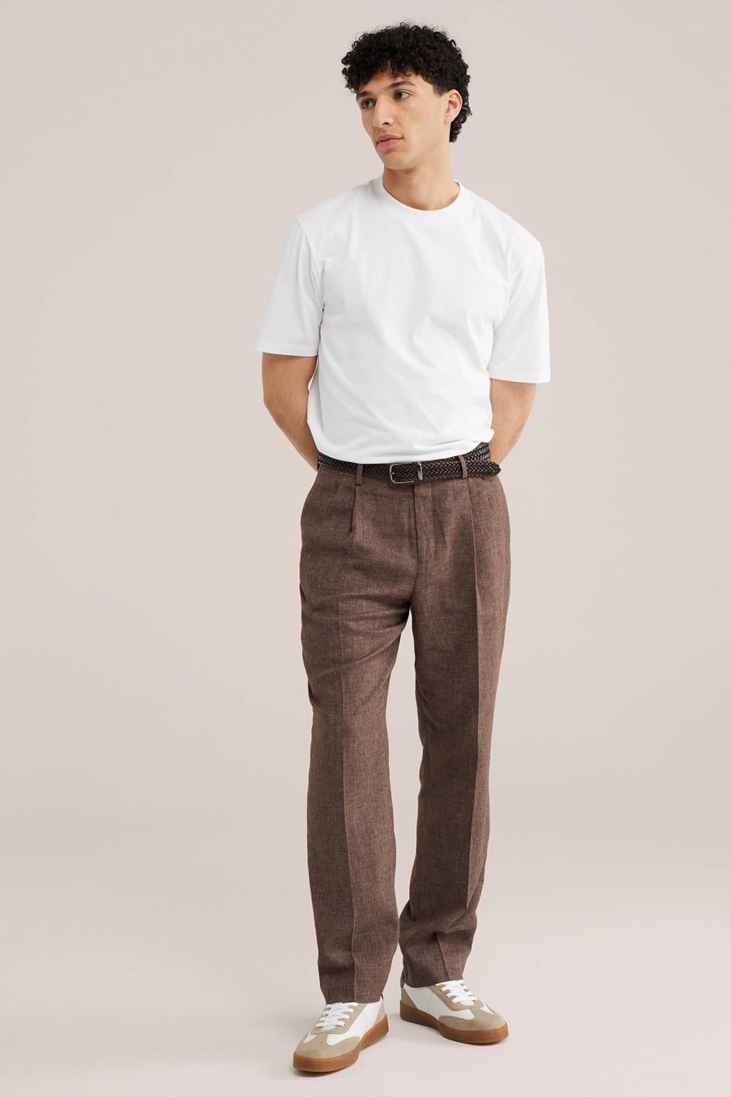 Witte heren WE Fashion relaxed T-shirt van katoen met effen, korte mouwen en ronde hals