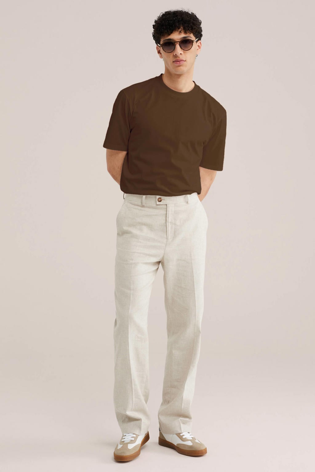 Bruine heren WE Fashion relaxed T-shirt van katoen met effen, korte mouwen en ronde hals